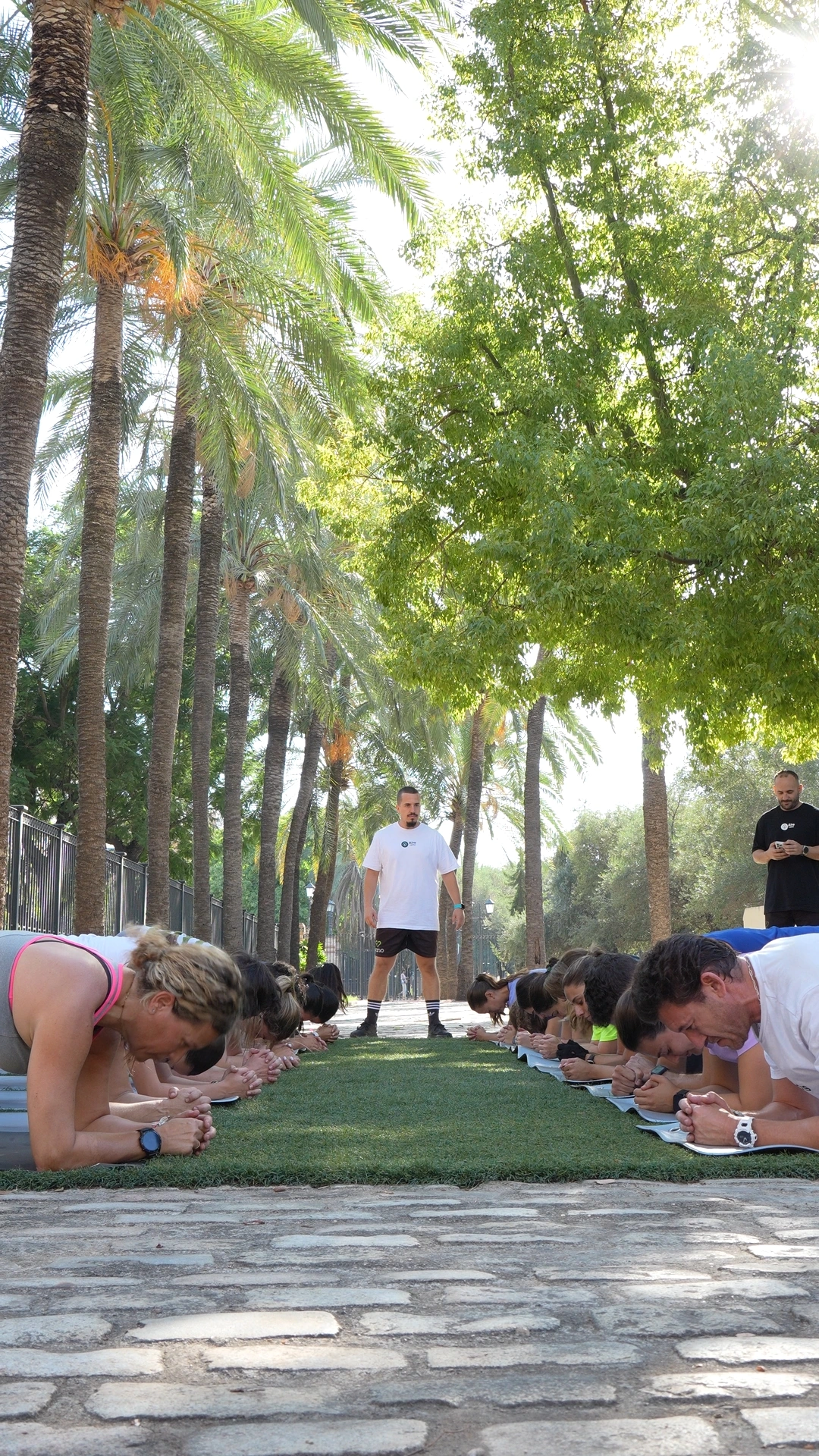 Dos filas de participantes entrenan junto a un paseo de palmeras.