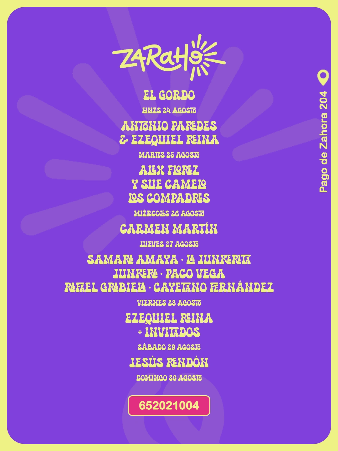 Programación de Zaraho del 24 al 30 de agosto, con la agenda semanal completa sobre fondo morado.